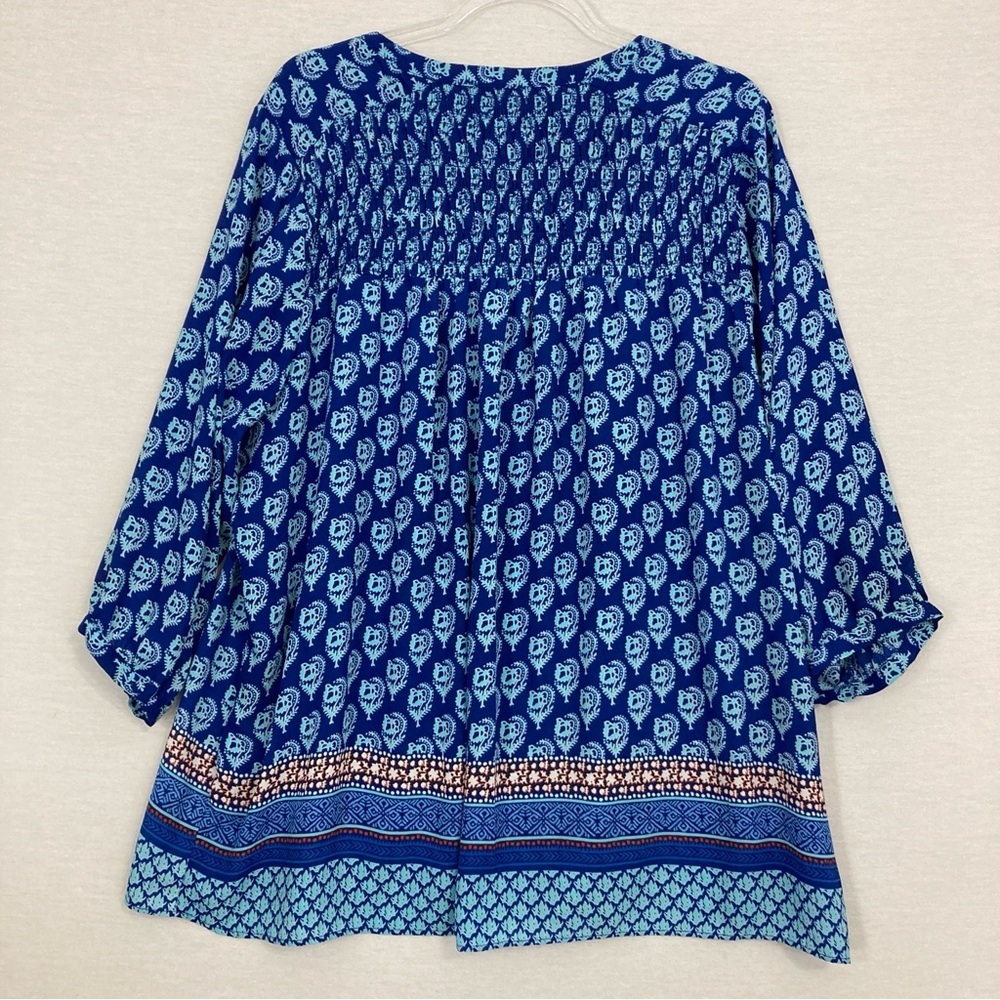 Rose & Olive Blue Floral Boho Print Smocked Back Soft Lightweight Blouse‎ 2X - Picture 9 of 10